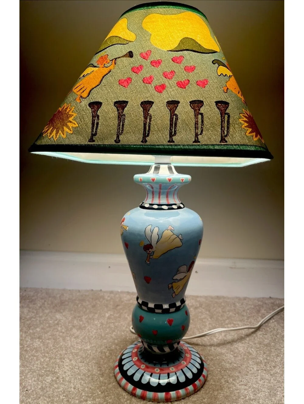 Patricia Dupont Lamp Hand Painted Angels Hearts Table Lamp, Original  Shade 1997